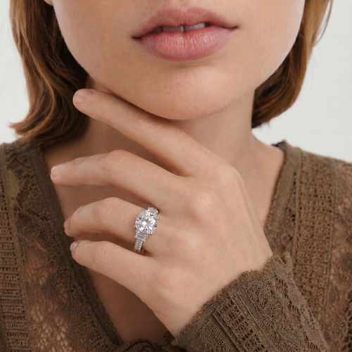 Cushion Moissanite Emerald Side Pavé Ring