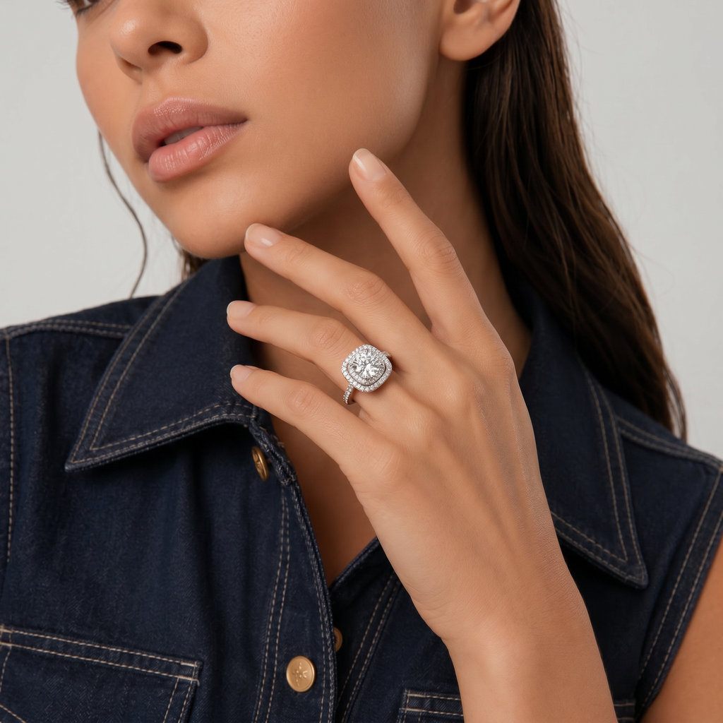Round Moissanite Double Cushion Halo Ring
