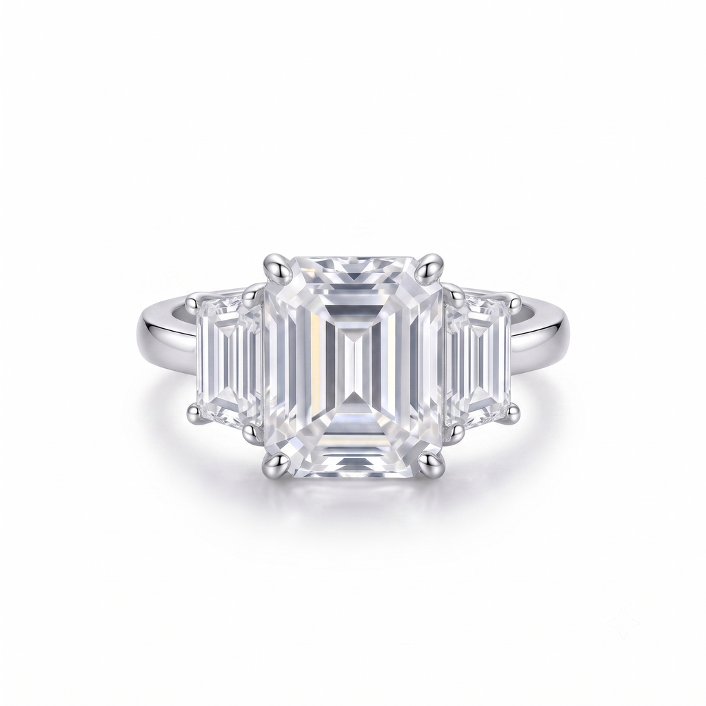 Emerald Moissanite Three Stone Step Ring