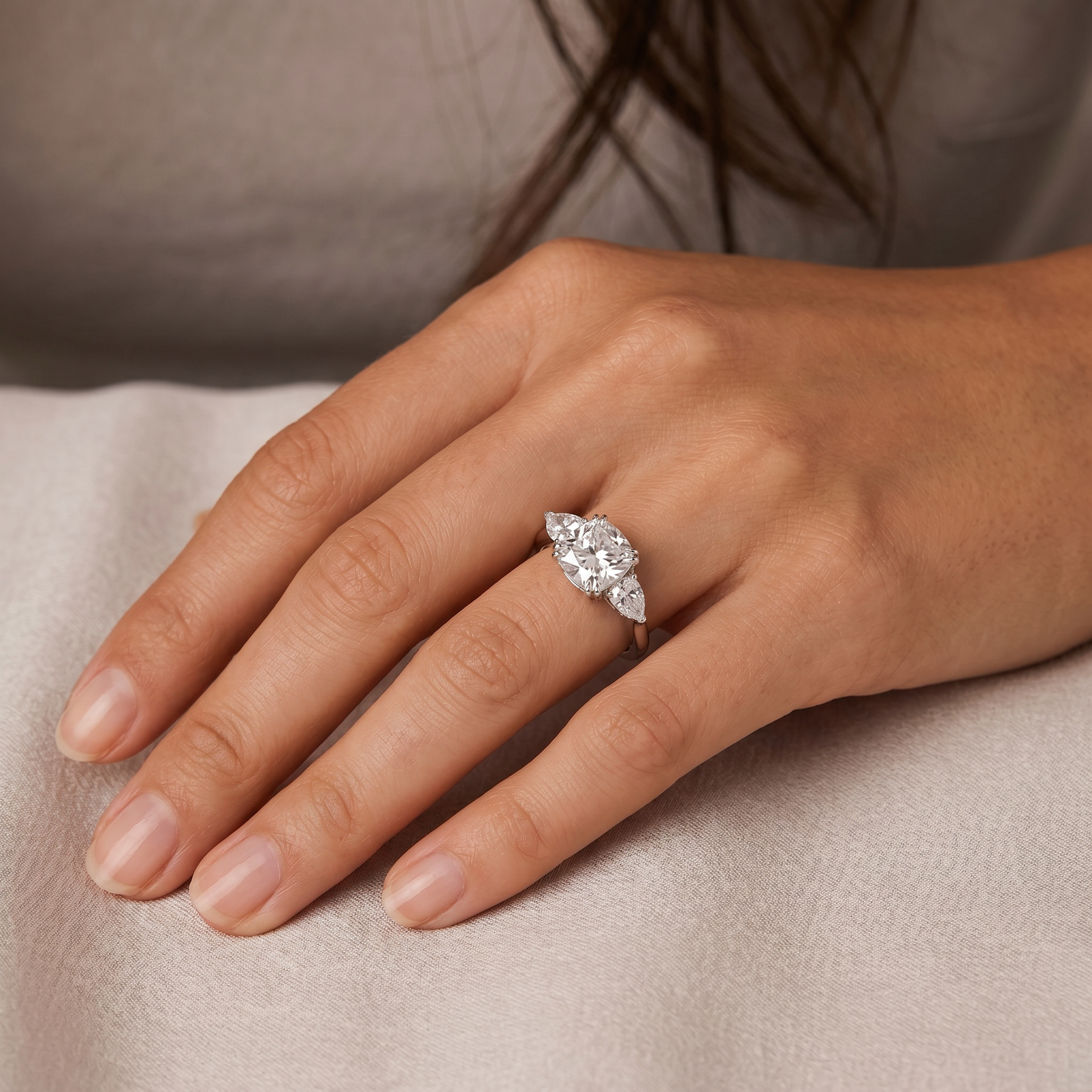 Cushion Moissanite Trillion Three Stone Ring