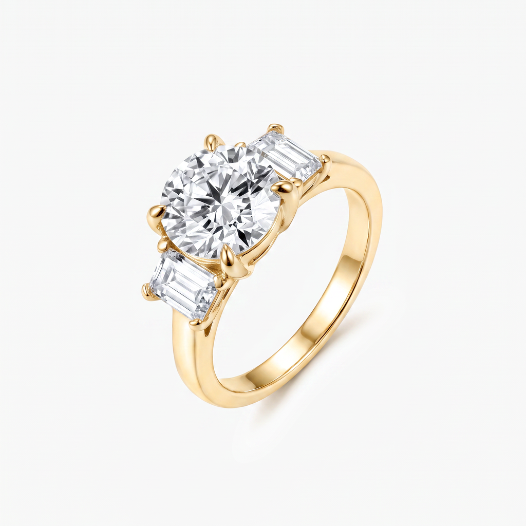 Round Moissanite Baguette Three Stone Ring