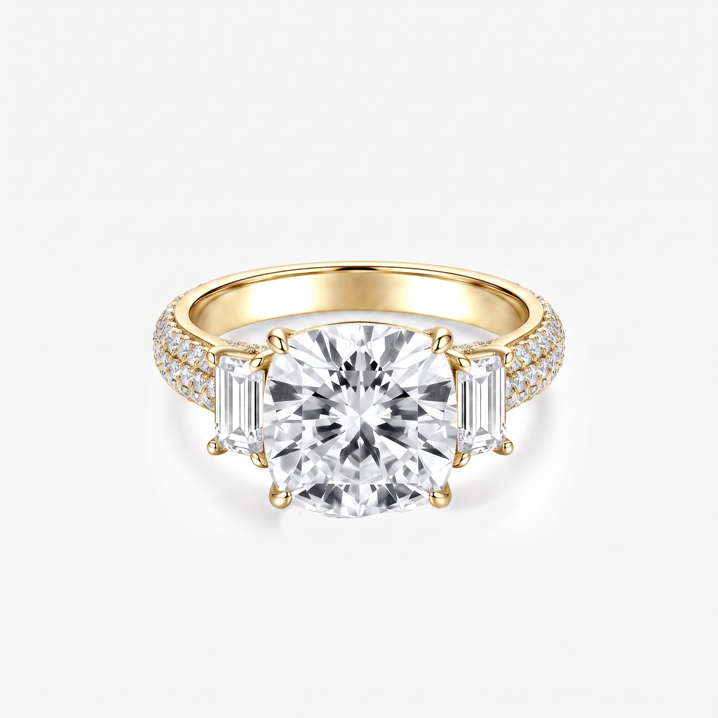 Cushion Moissanite Emerald Side Pavé Ring