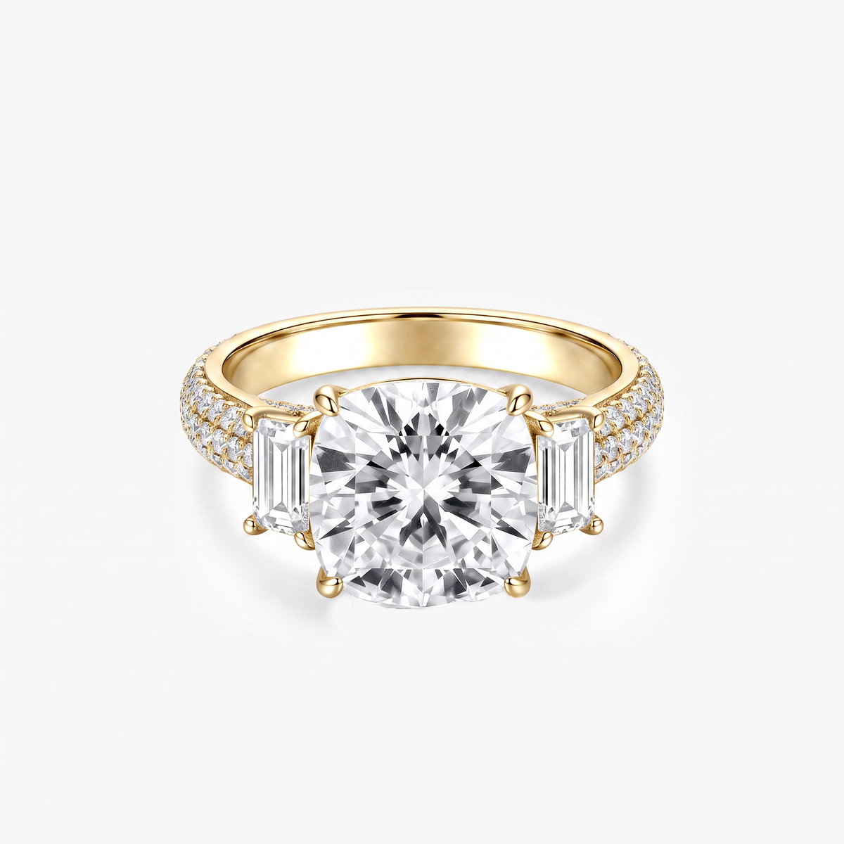 Cushion Moissanite Emerald Side Pavé Ring