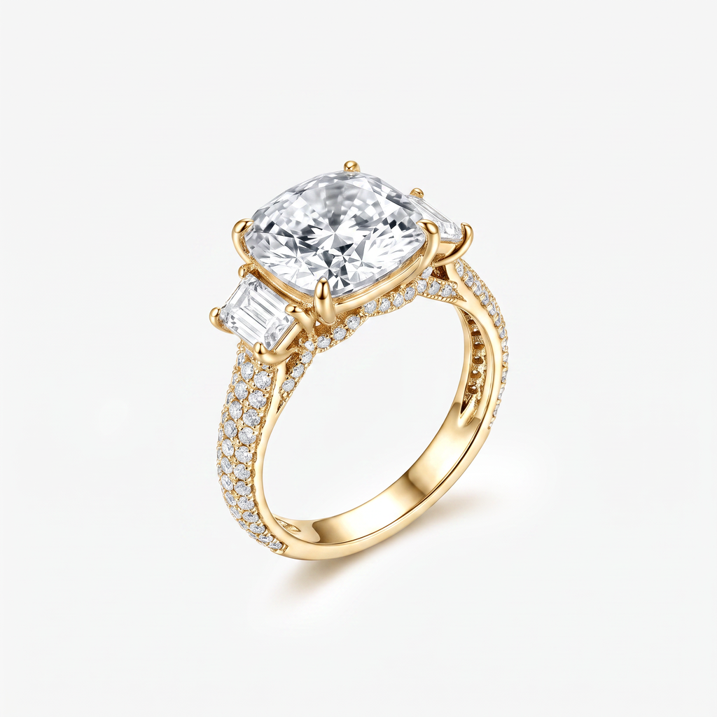 Cushion Moissanite Emerald Side Pavé Ring