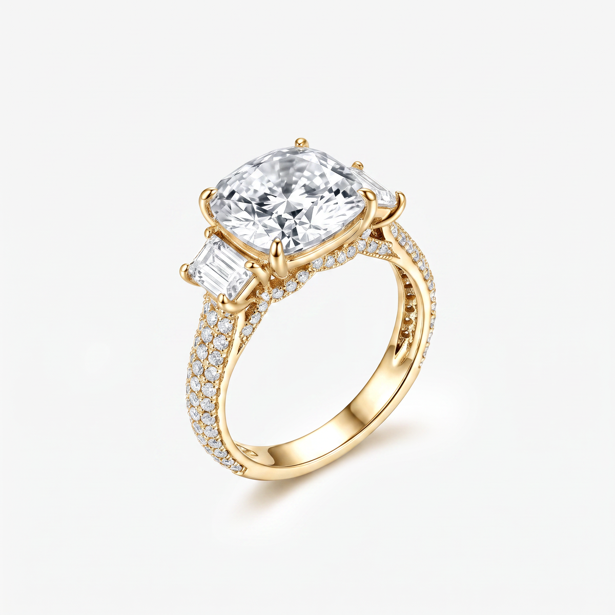 Cushion Moissanite Emerald Side Pavé Ring