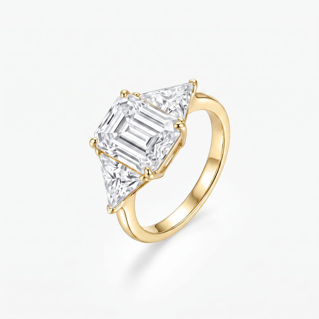Emerald Moissanite Trillion Three Stone Ring