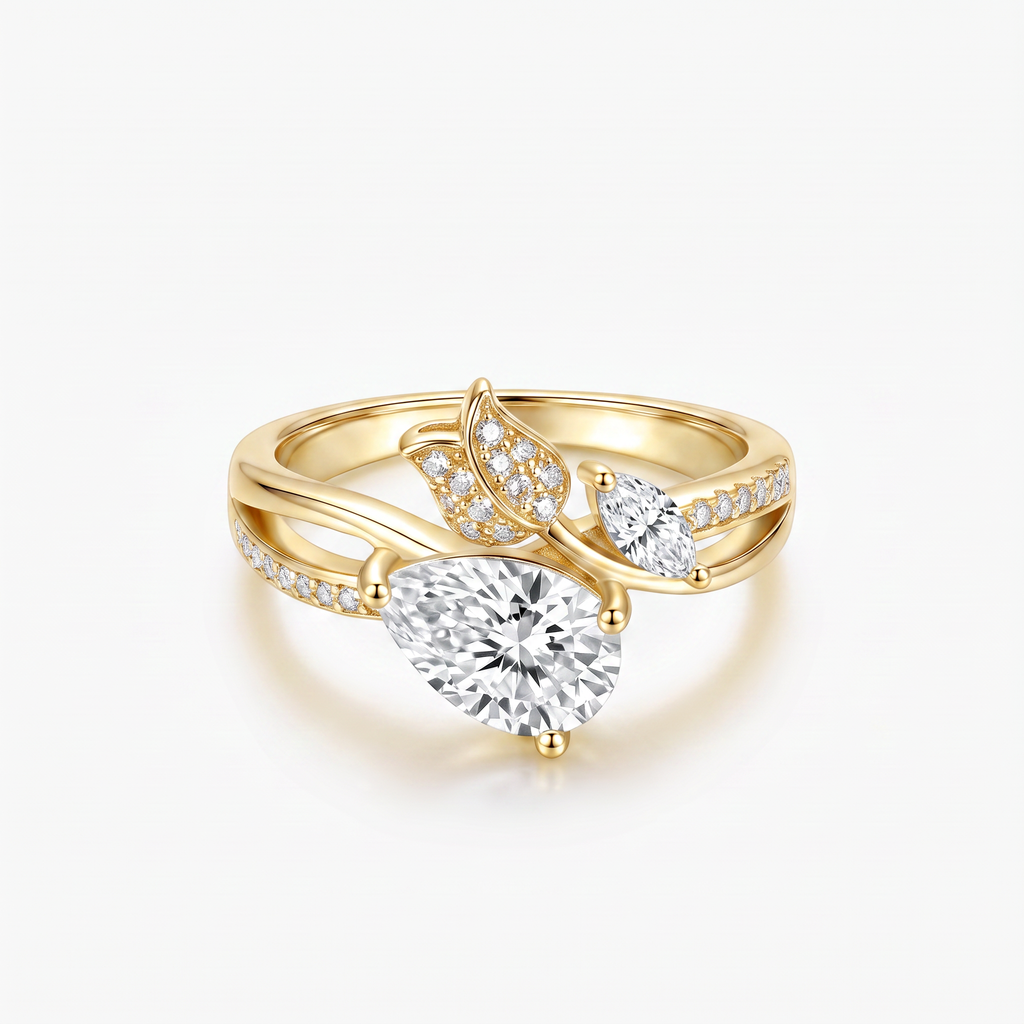 Pear Moissanite Butterfly Wing Pavé Ring