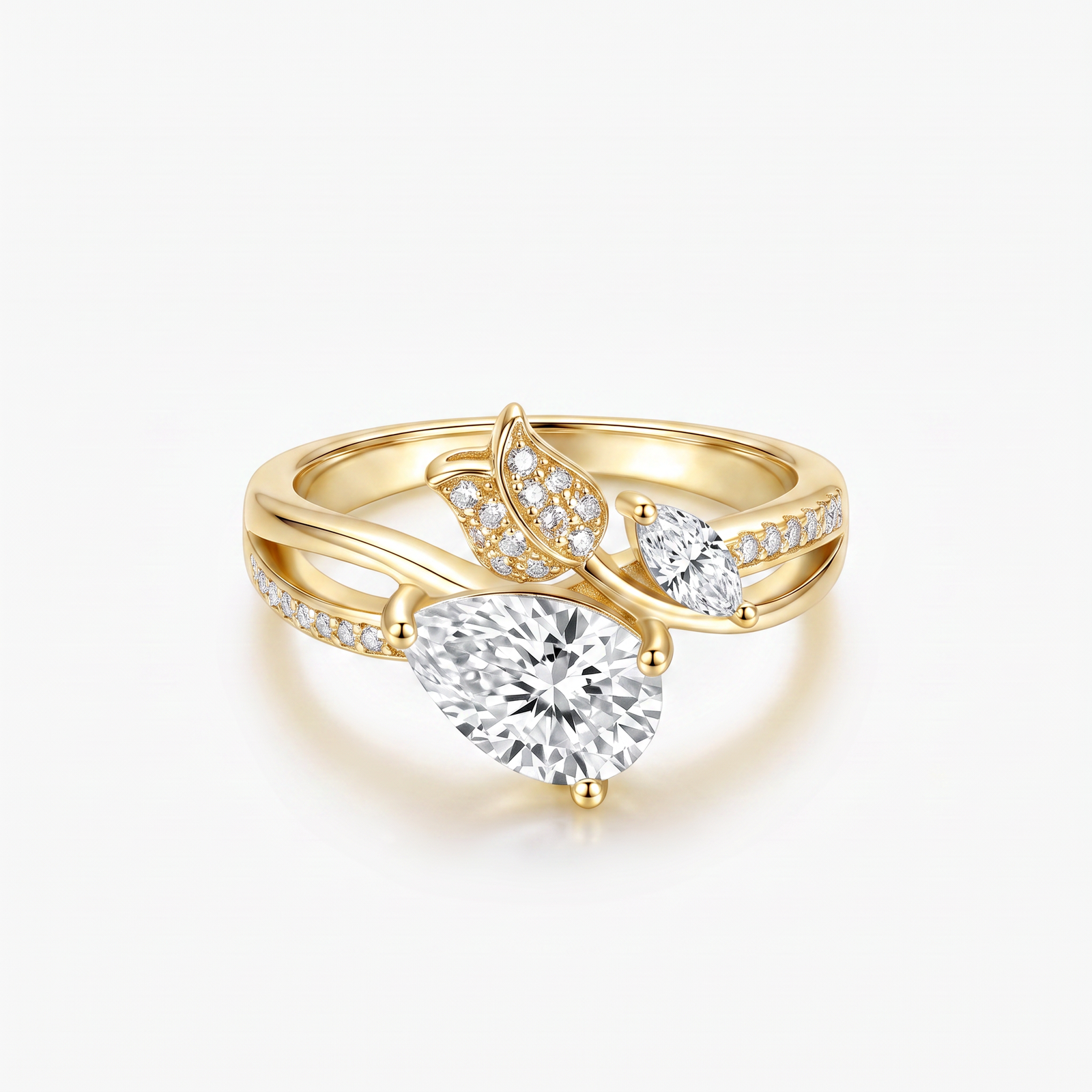 Pear Moissanite Butterfly Wing Pavé Ring