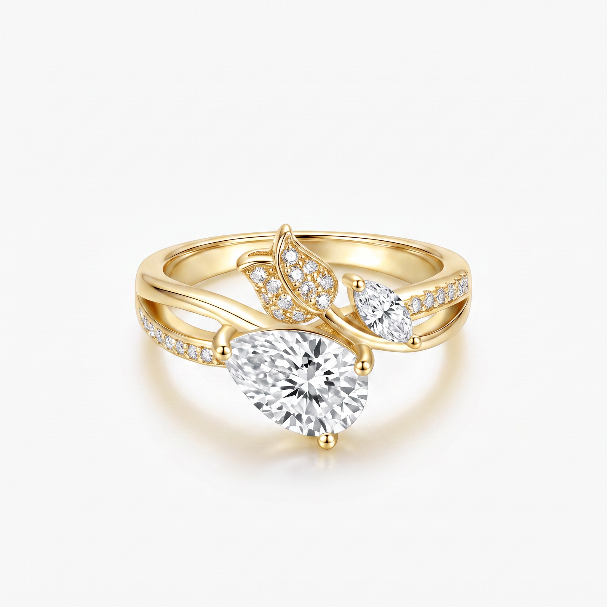 Pear Moissanite Butterfly Wing Pavé Ring