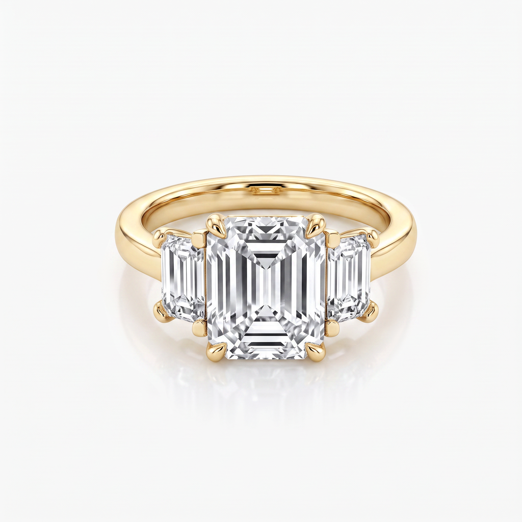 Emerald Moissanite Baguette Three Stone Ring