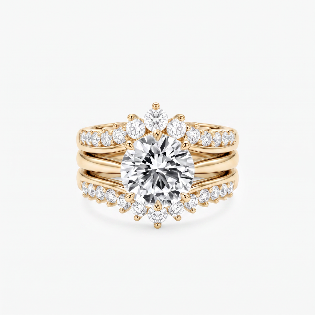 Round Moissanite Crown Bridal Ring Set