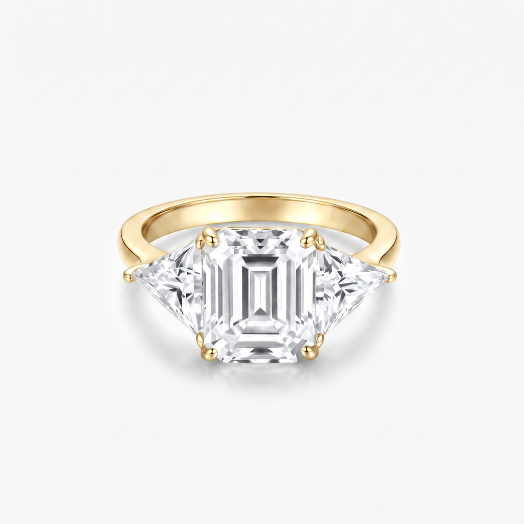 Emerald Moissanite Trillion Three Stone Ring