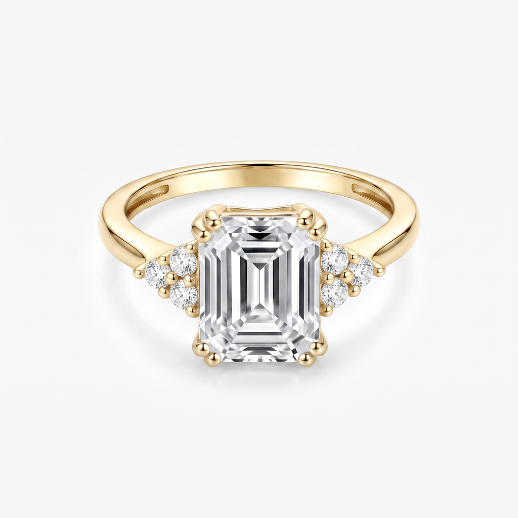 Emerald Moissanite Cluster Side Stone Ring