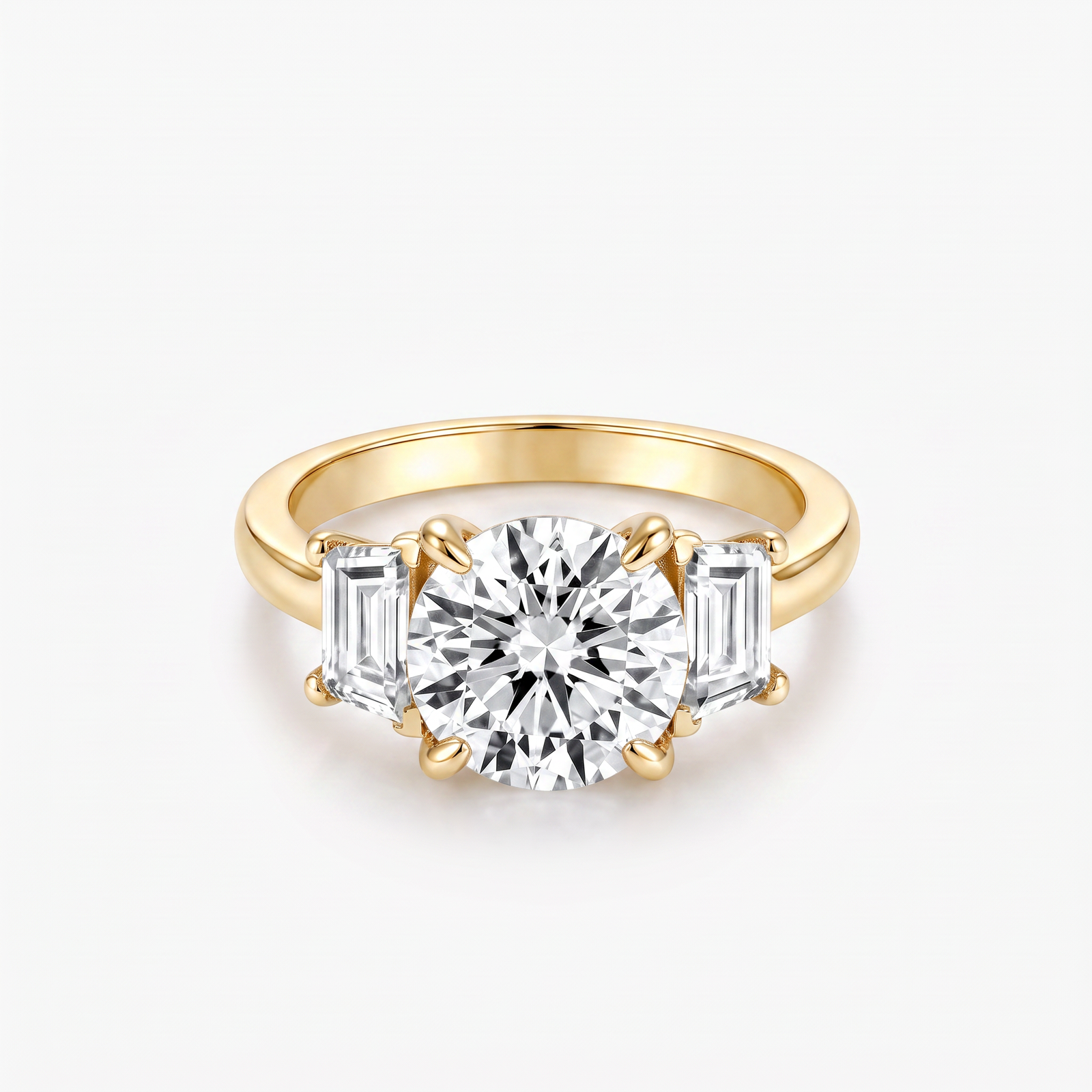 Round Moissanite Baguette Three Stone Ring