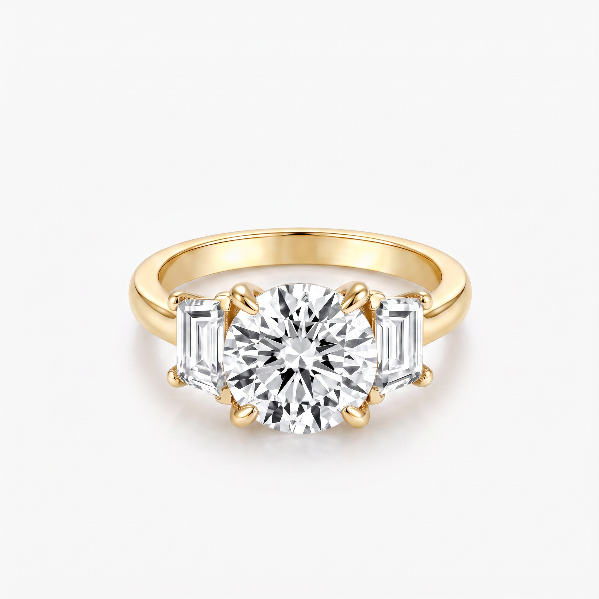 Round Moissanite Baguette Three Stone Ring