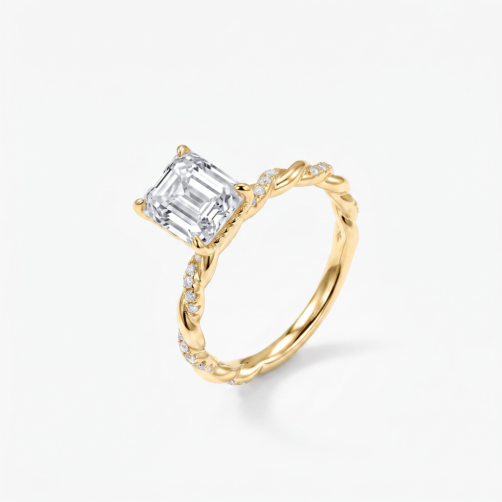 Emerald Moissanite Twist Pavé Solitaire Ring