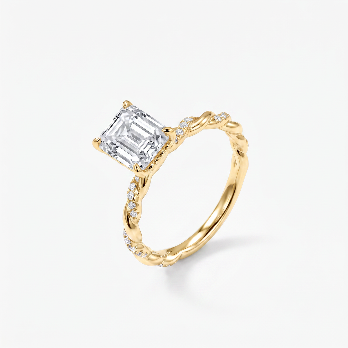 Emerald Moissanite Twist Pavé Solitaire Ring