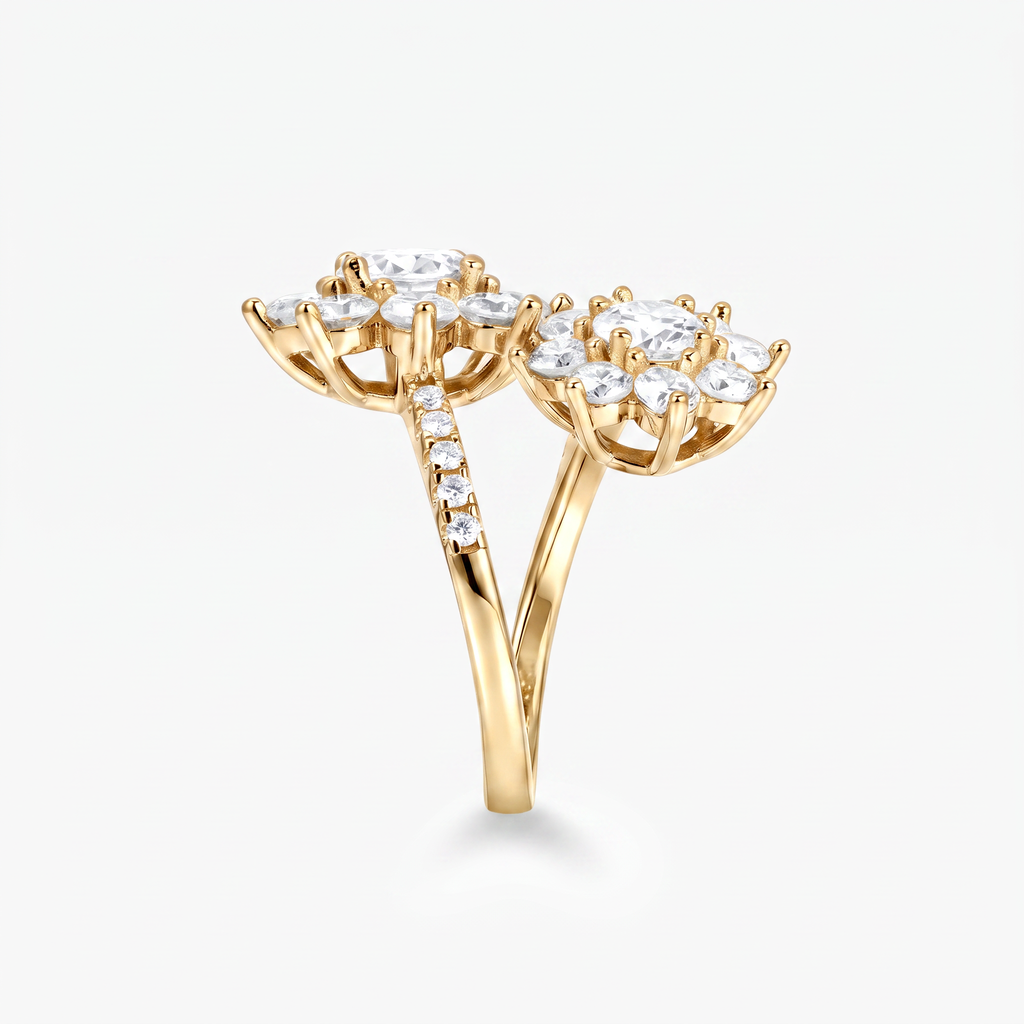 Round Moissanite Double Flower Bypass Ring