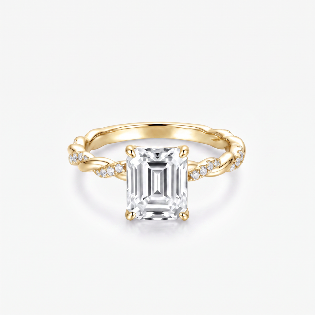 Emerald Moissanite Twist Pavé Solitaire Ring