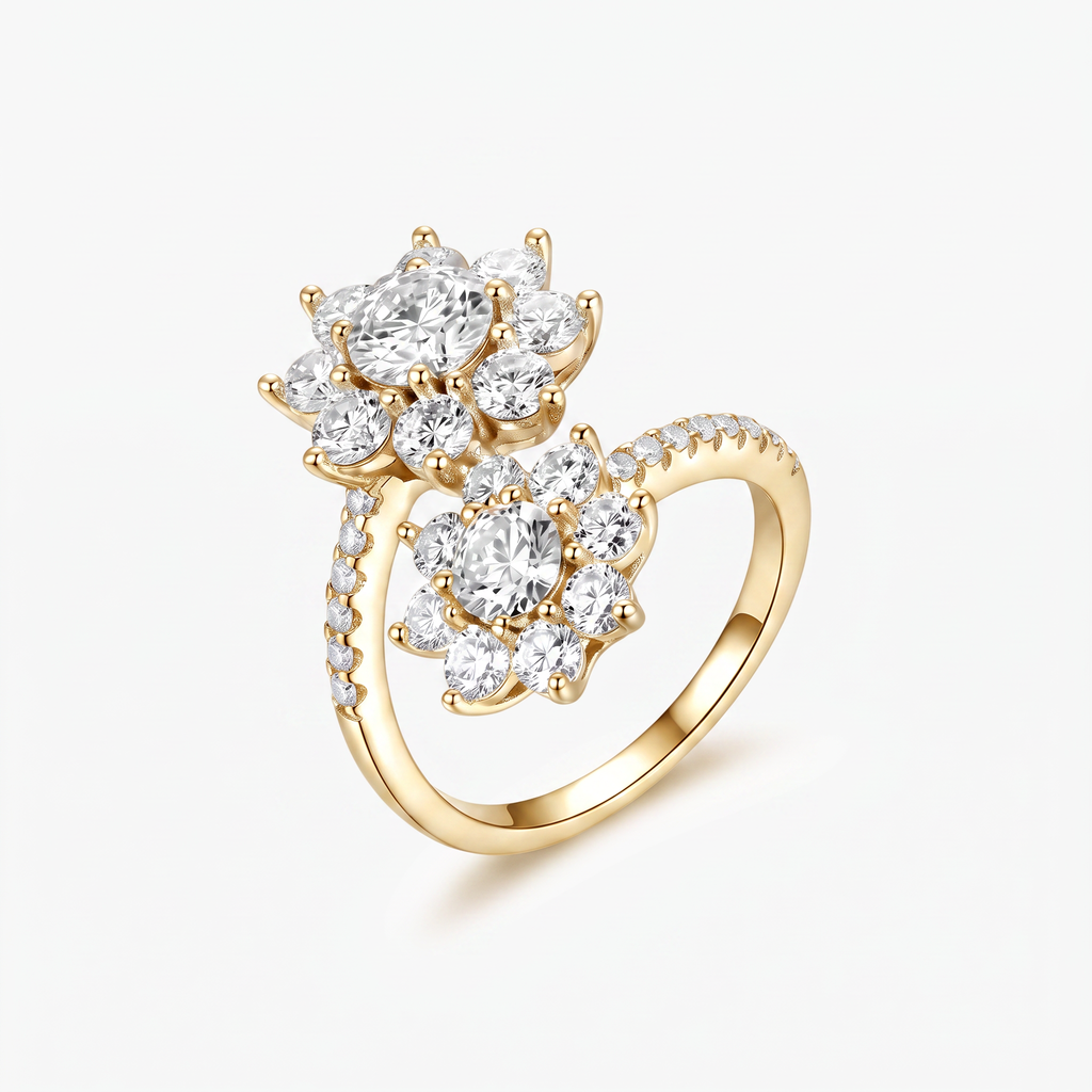 Round Moissanite Double Flower Bypass Ring