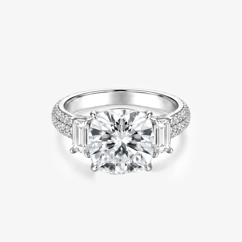 Cushion Moissanite Emerald Side Pavé Ring
