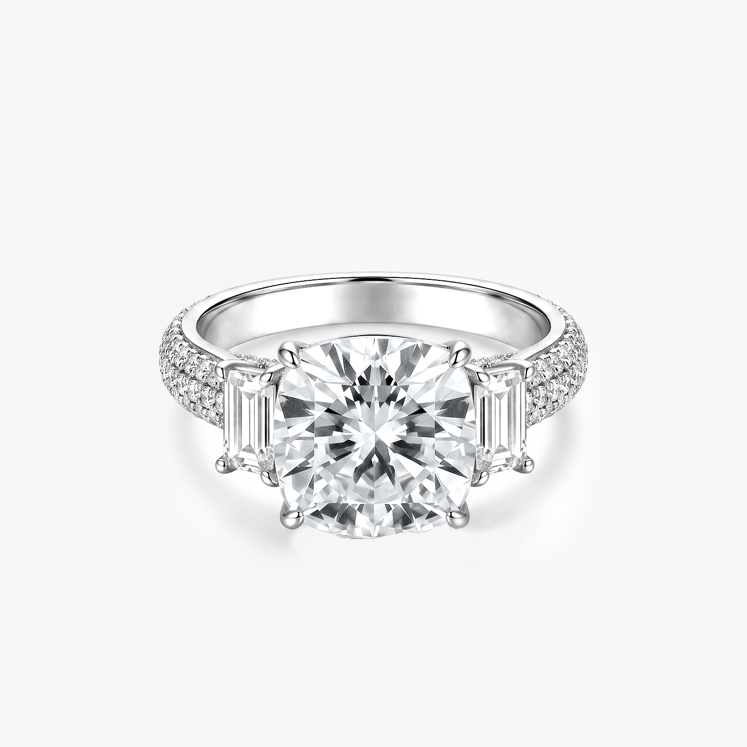 Cushion Moissanite Emerald Side Pavé Ring