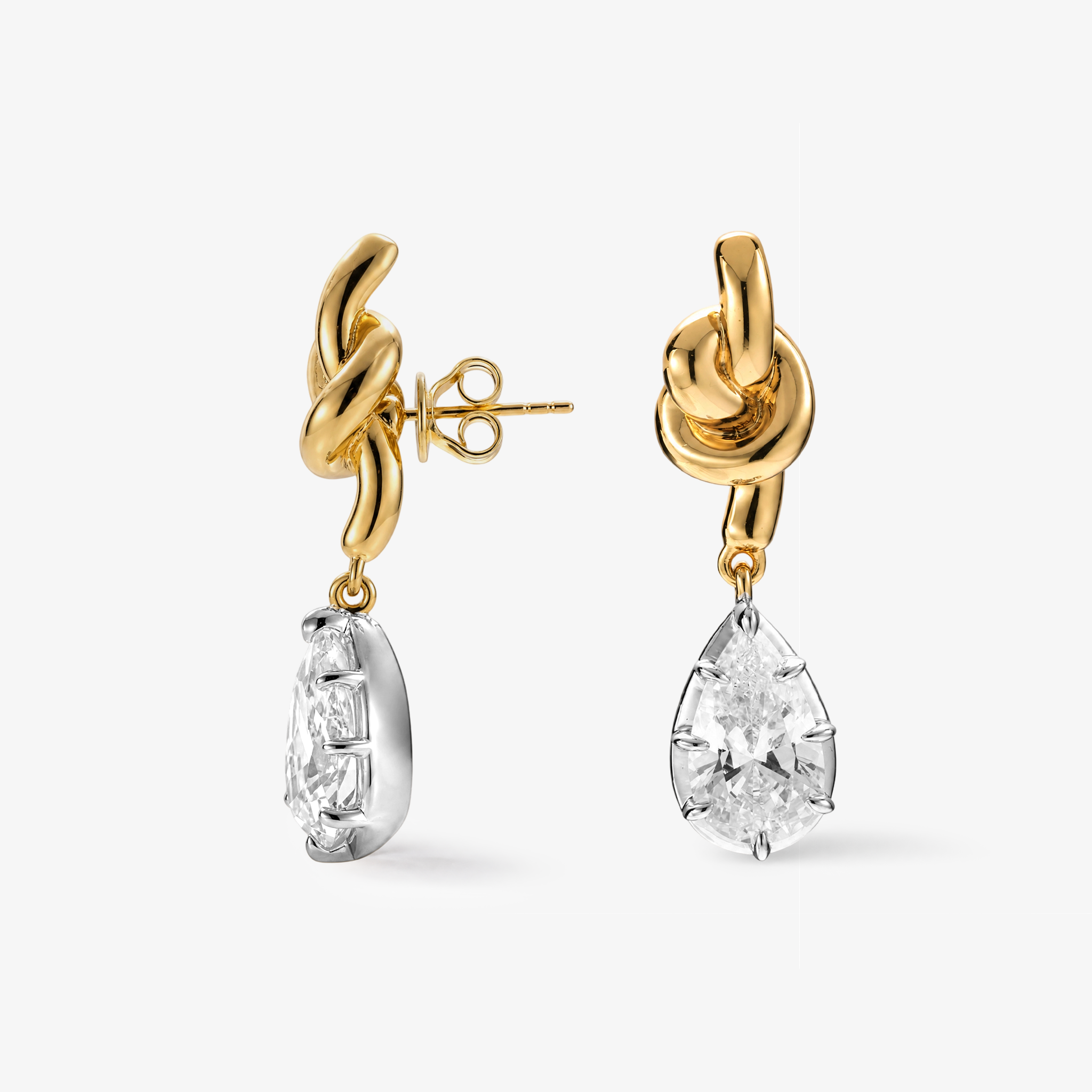 Pear Moissanite Knot Drop Earrings Two-Tone Gold