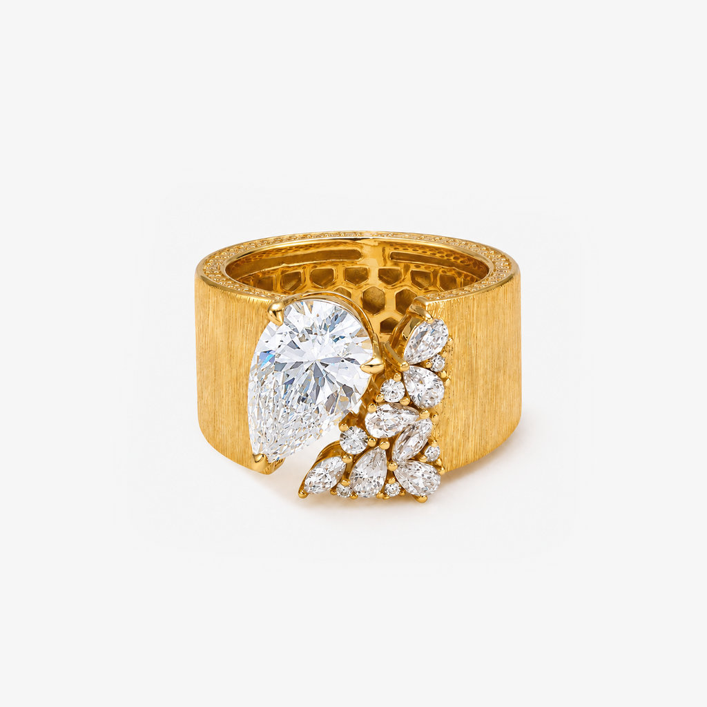 Brushed Gold Wide Band Cluster Ring
