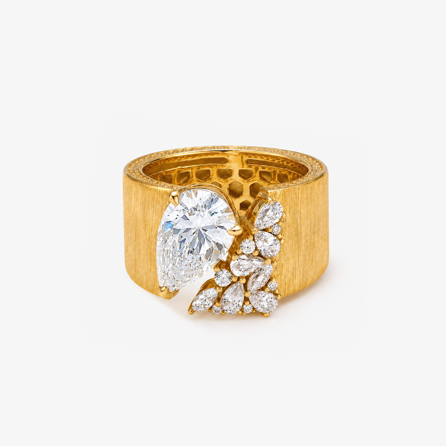 Brushed Gold Wide Band Cluster Ring