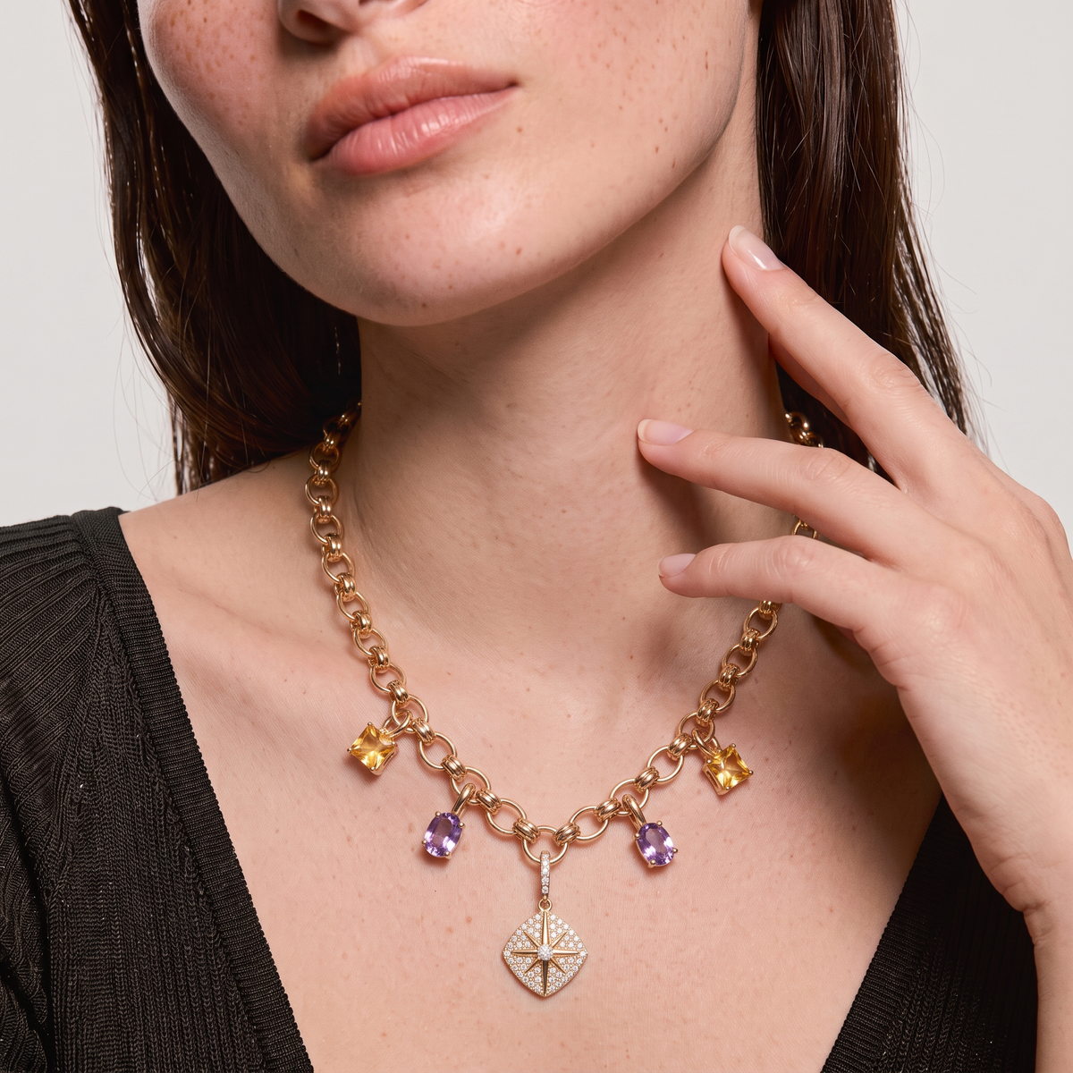 Multi-Charm Star Pavé Rolo Chain Necklace