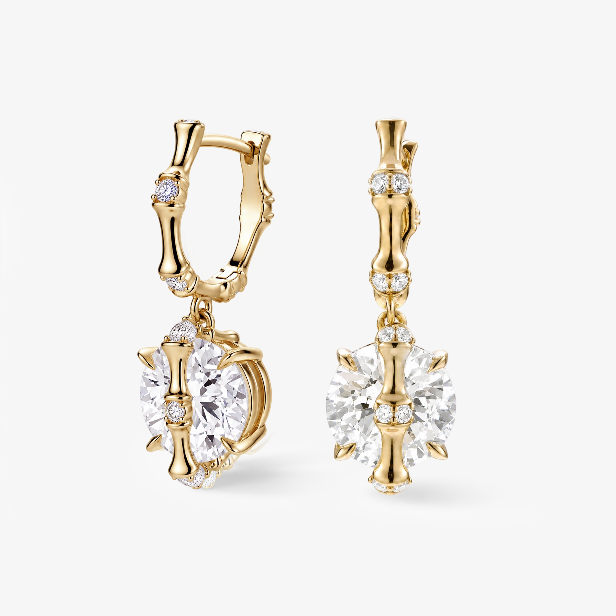 Round Moissanite Bamboo Hoop Drop Earrings