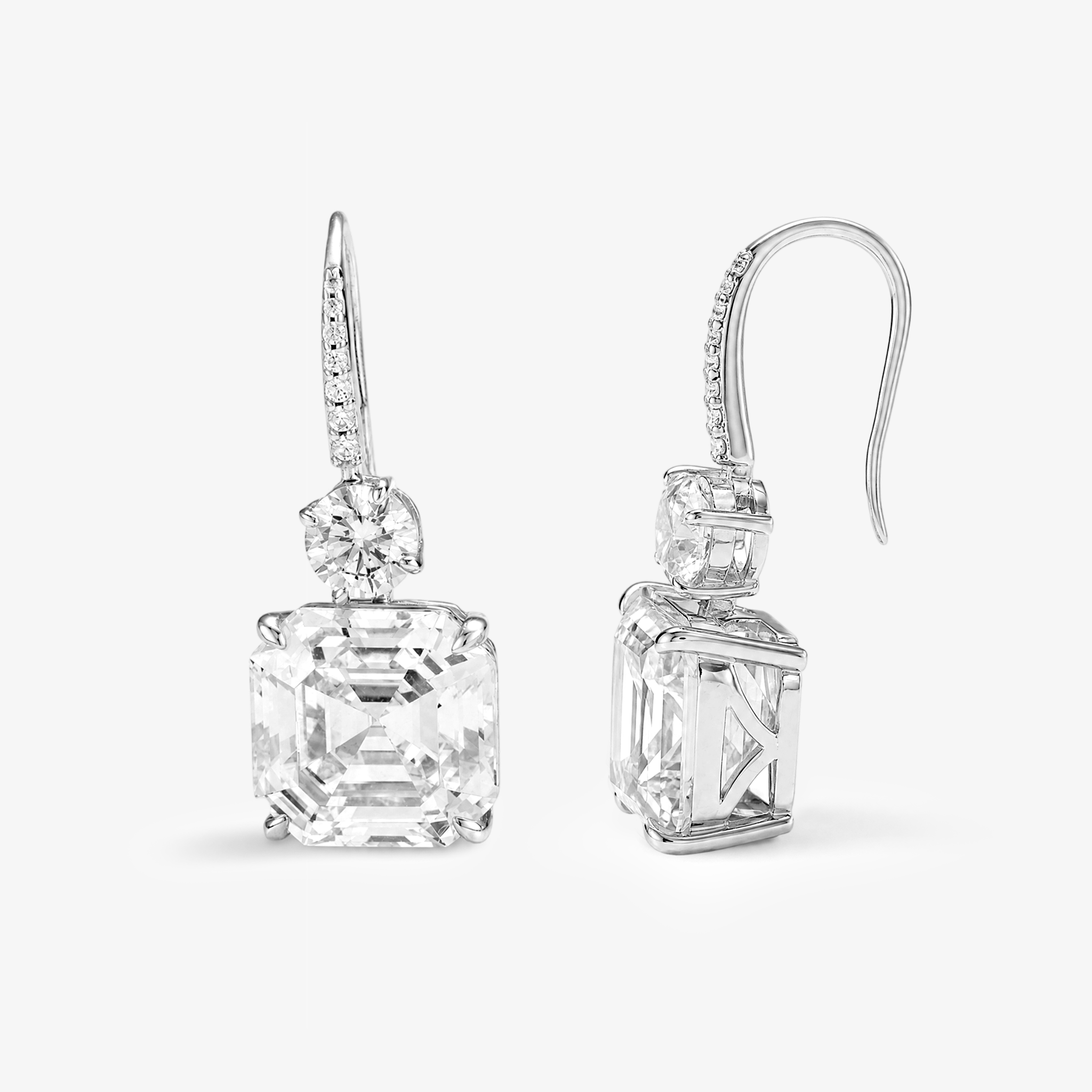 Asscher Cut Moissanite Drop Earrings in White Gold