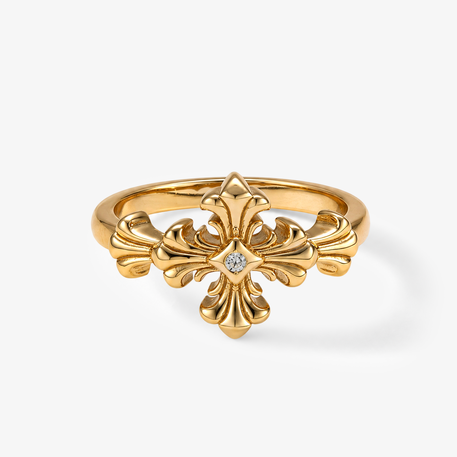 Baroque Fleur-de-Lis Cross CZ Ring