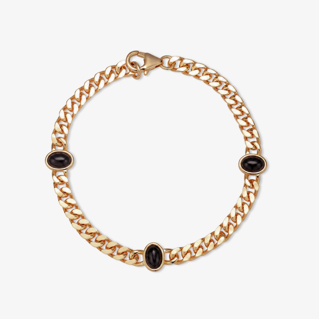 Black Onyx Cabochon Cuban Chain Bracelet in Rose Gold