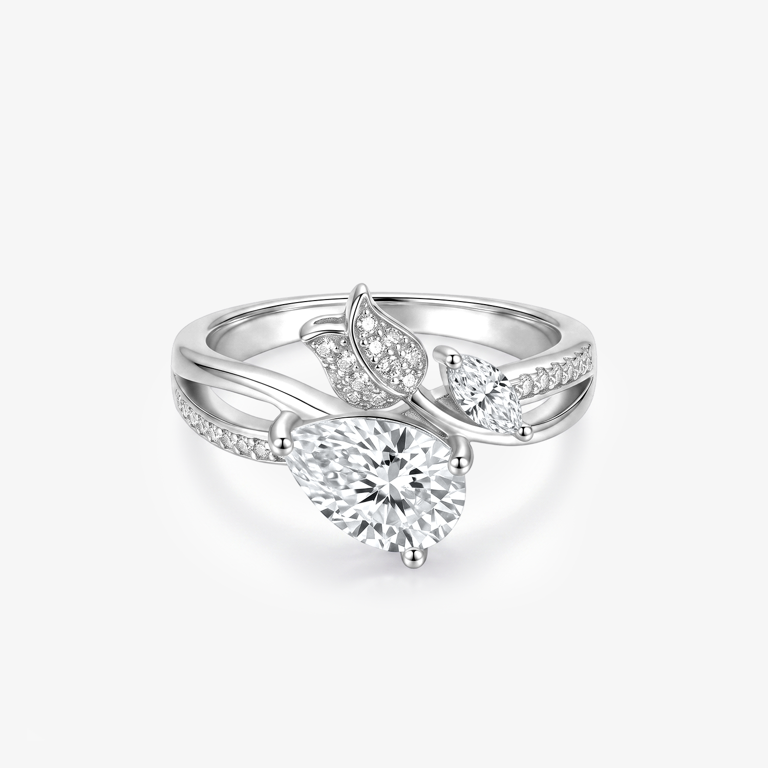 Pear Moissanite Butterfly Wing Pavé Ring