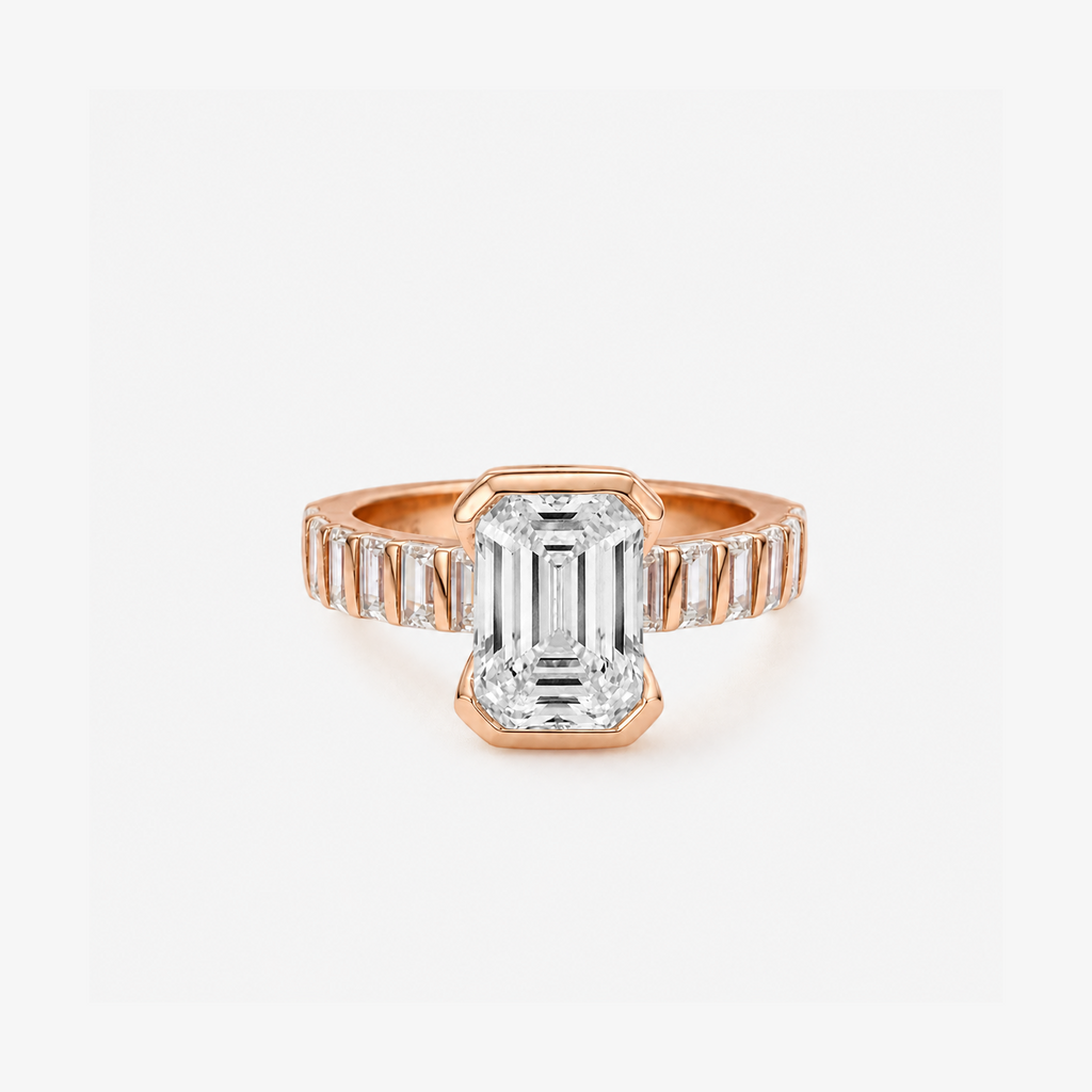 Rose Gold Bezel Emerald Cut Baguette Band Ring
