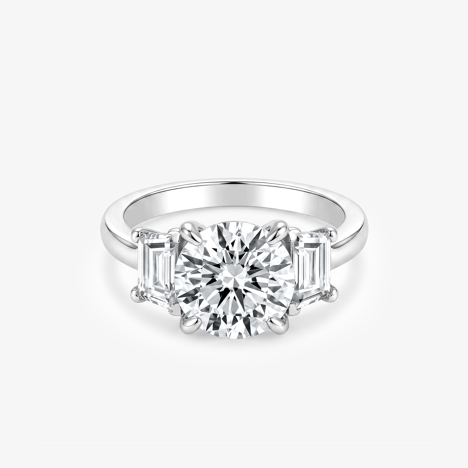 Round Moissanite Baguette Three Stone Ring