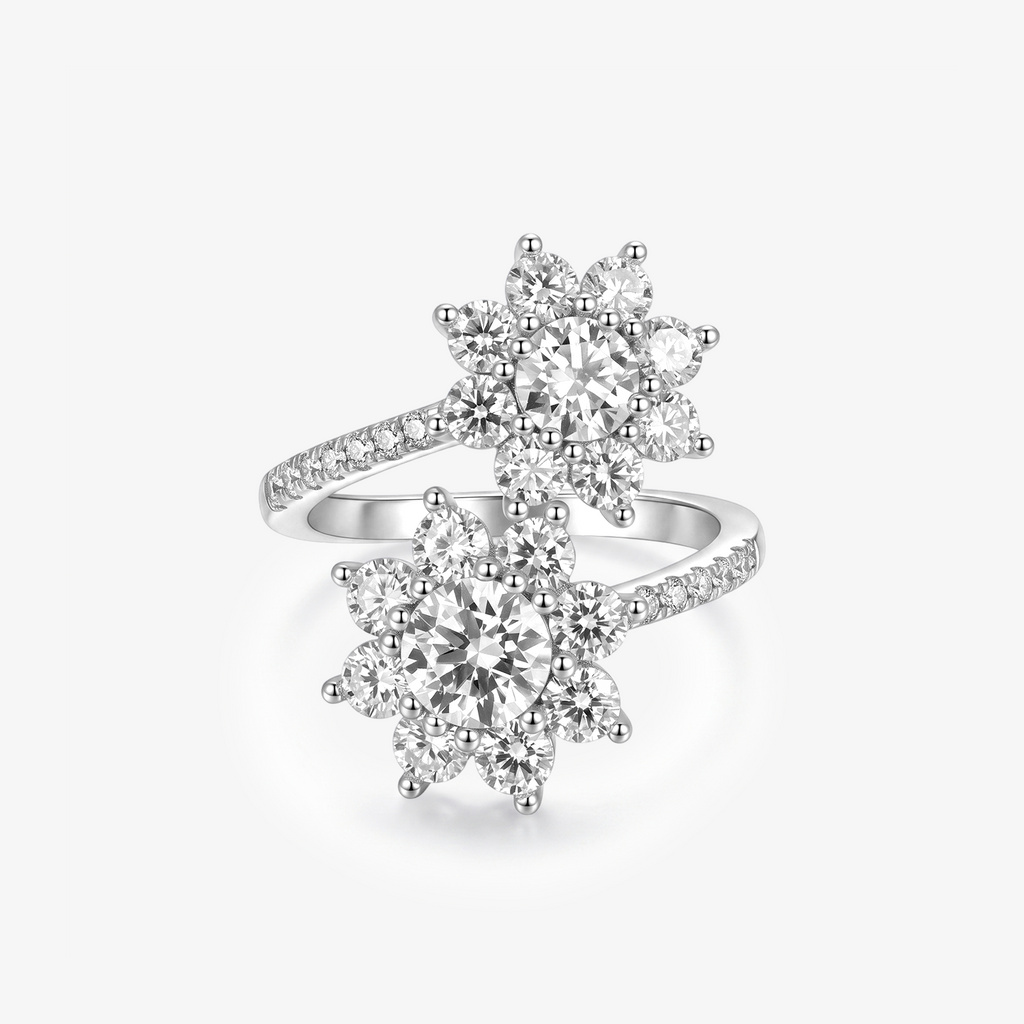 Round Moissanite Double Flower Bypass Ring