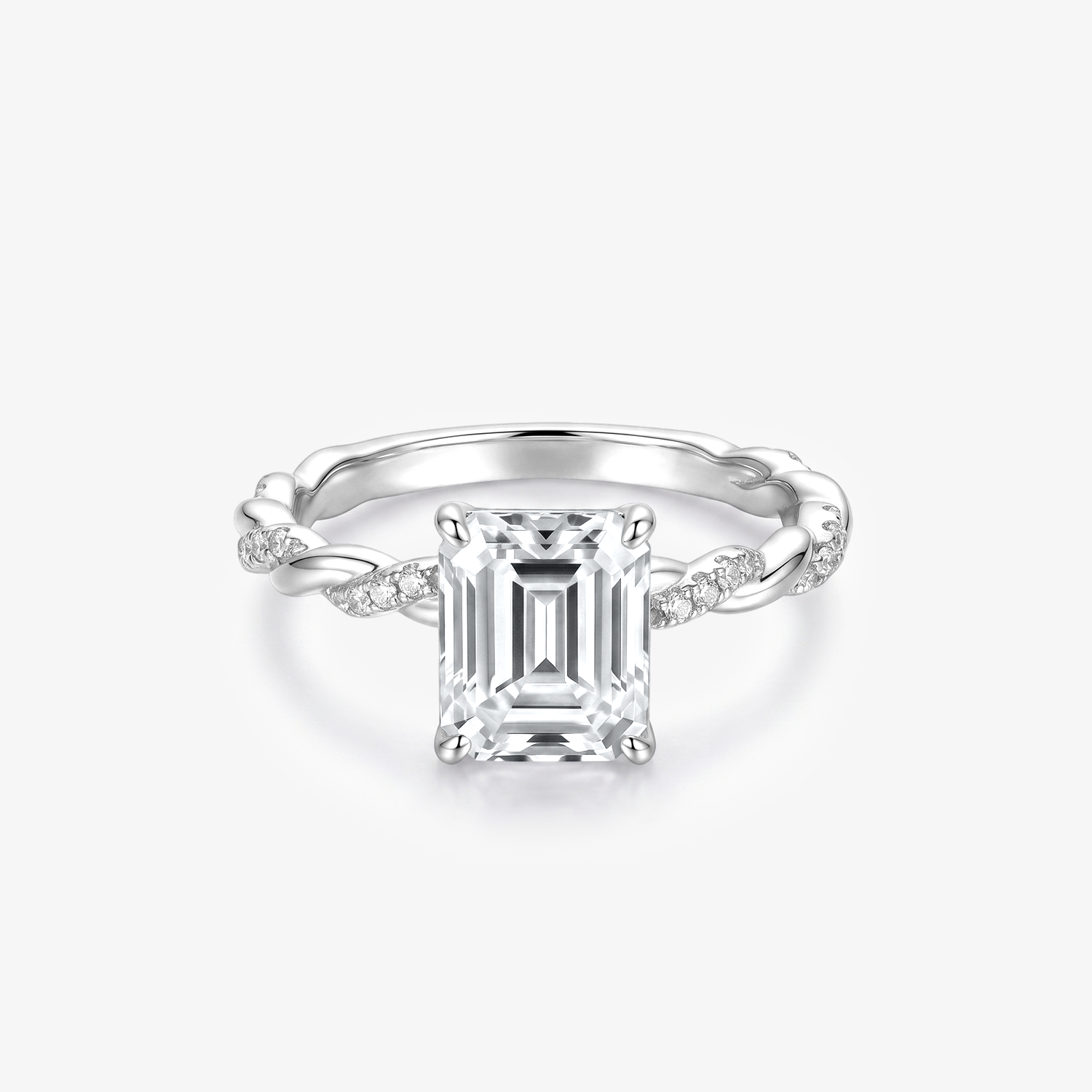 Emerald Moissanite Twist Pavé Solitaire Ring