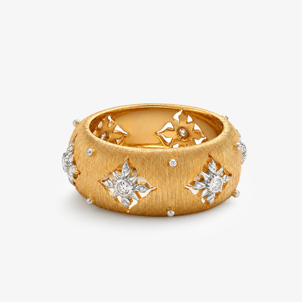 Two-Tone Florentine Wide Band Flower CZ Ring