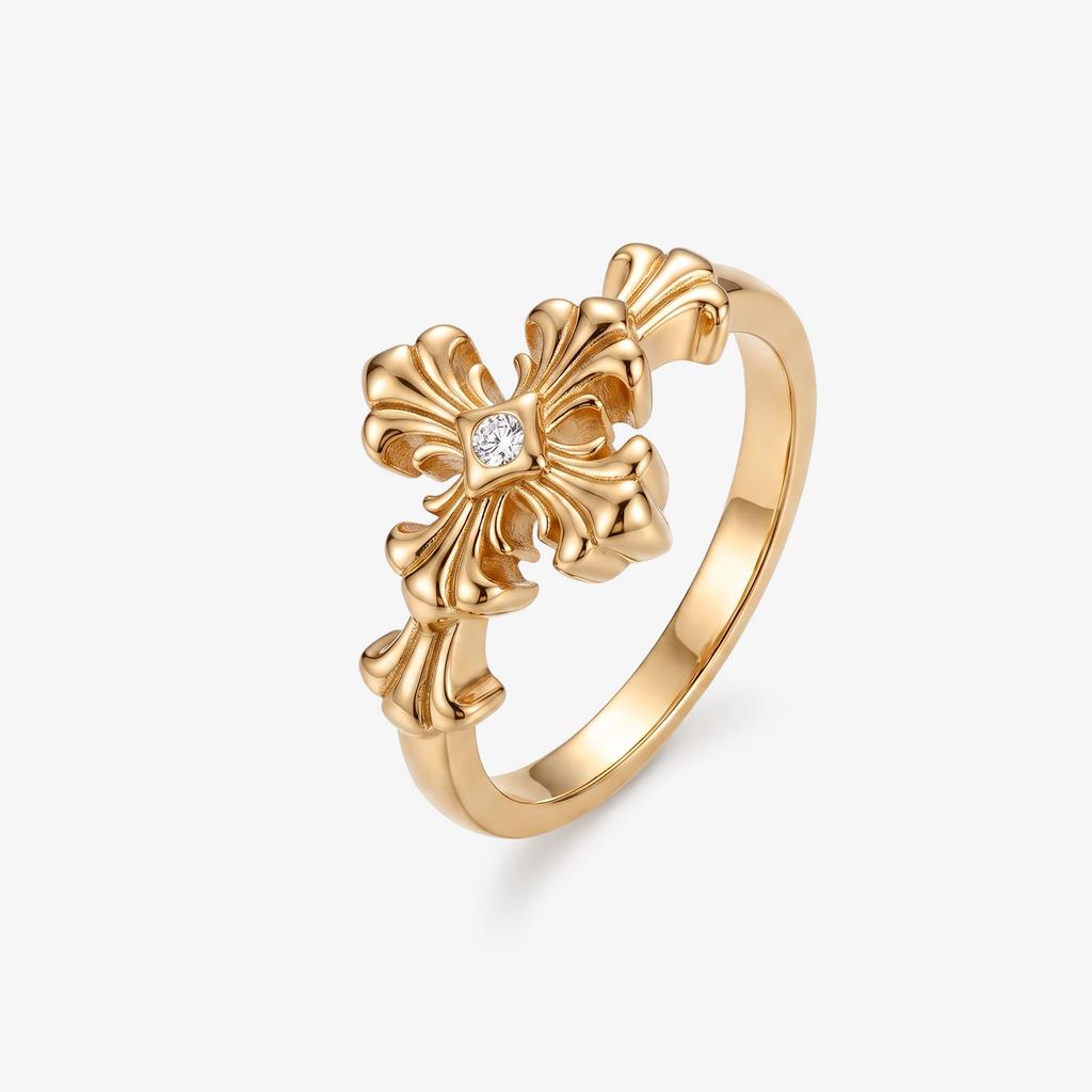 Baroque Fleur-de-Lis Cross Moissanite Ring