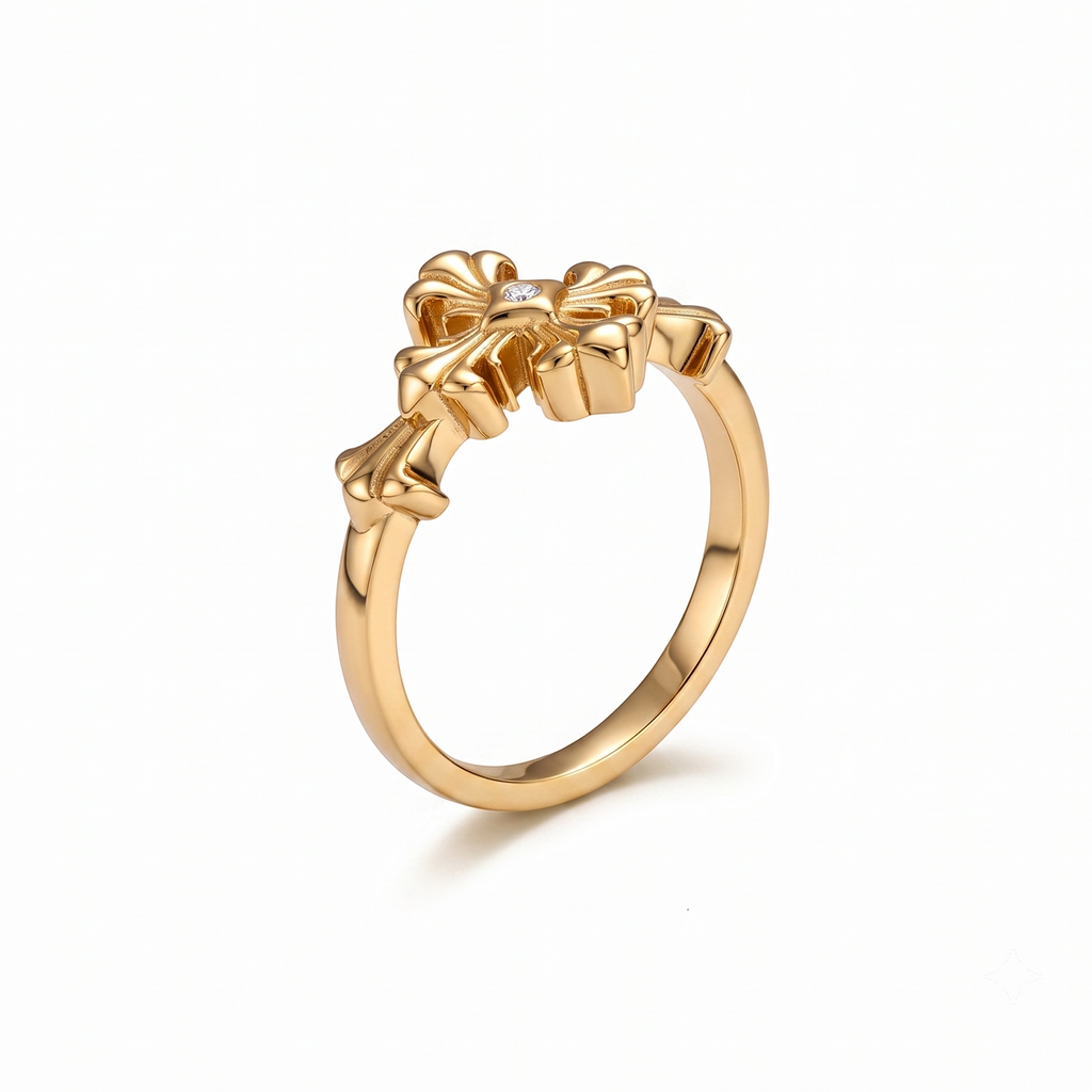 Baroque Fleur-de-Lis Cross Moissanite Ring