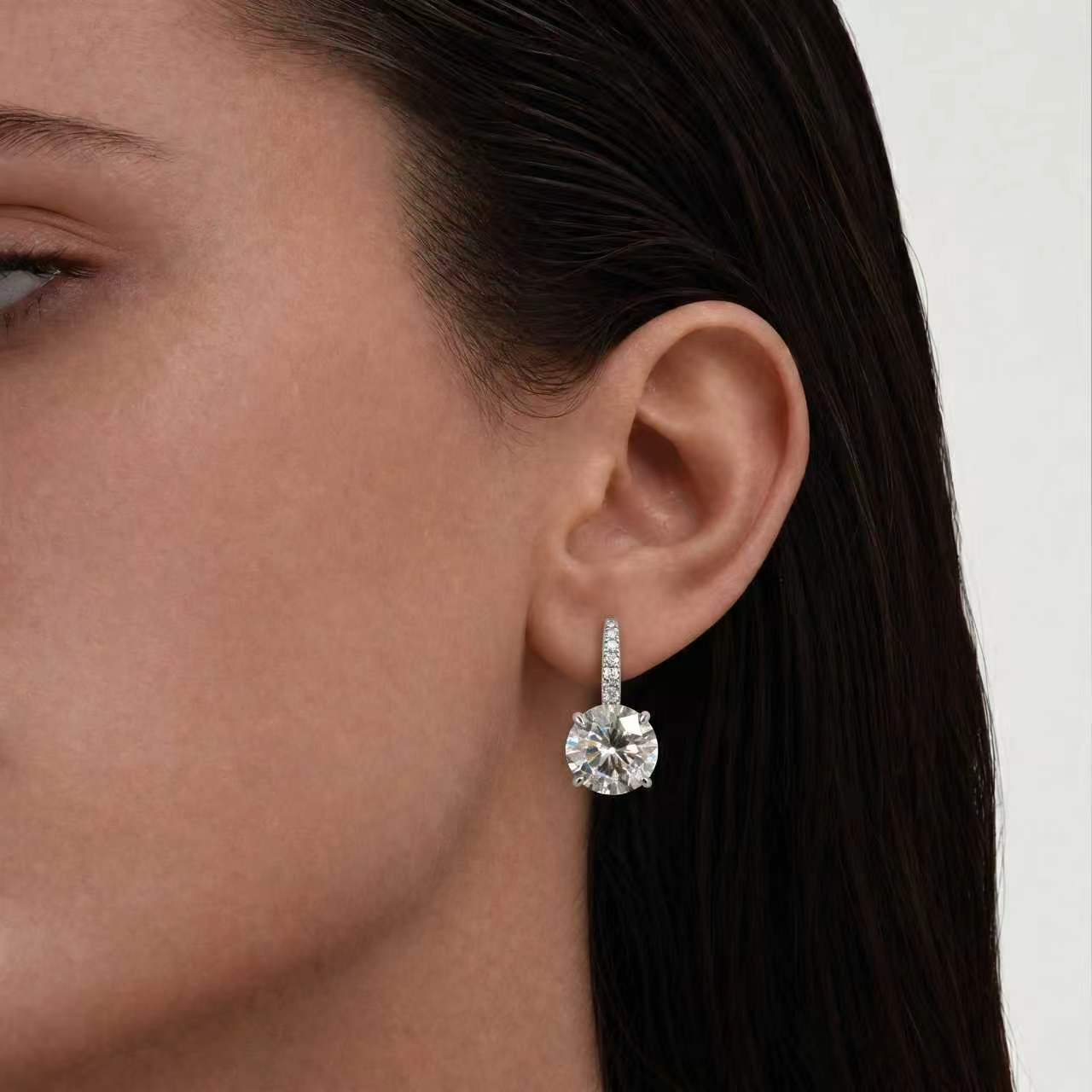 Round Moissanite Leverback Drop Earrings in White Gold