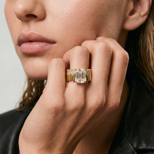 Emerald Cut Moissanite Ribbed Wide Band Ring