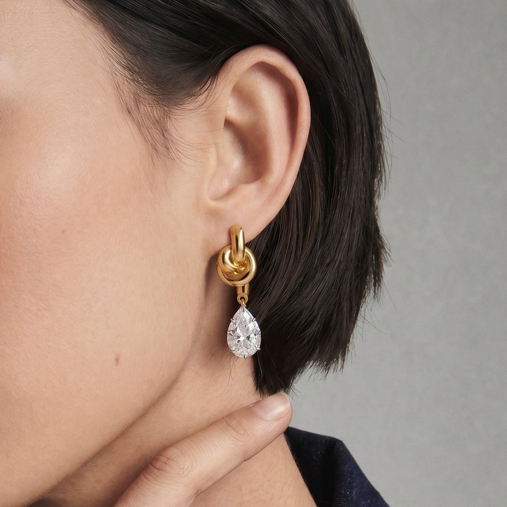 Pear Moissanite Knot Drop Earrings Two-Tone Gold