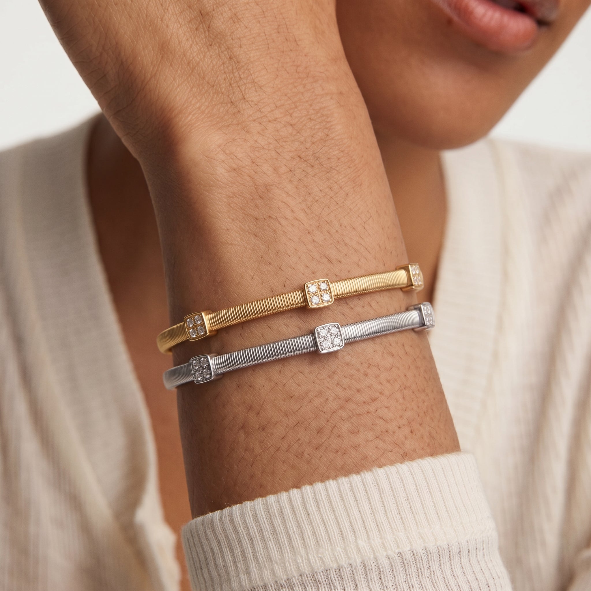 Moissanite Pavé Square Station Coil Bangle