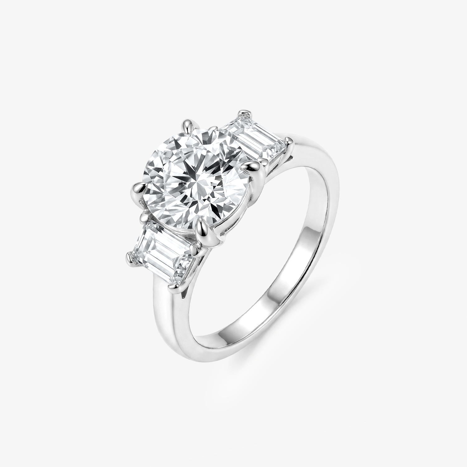 Round Moissanite Baguette Three Stone Ring