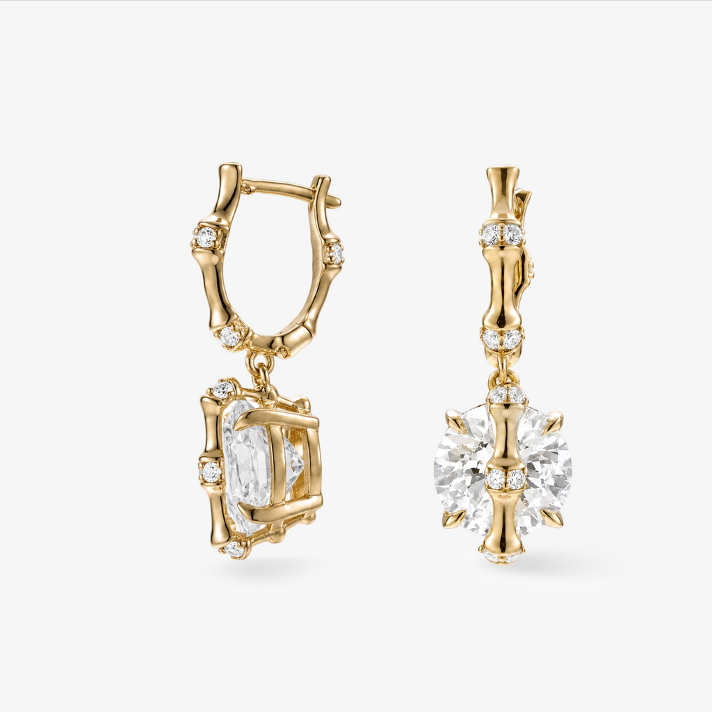 Round Moissanite Bamboo Hoop Drop Earrings