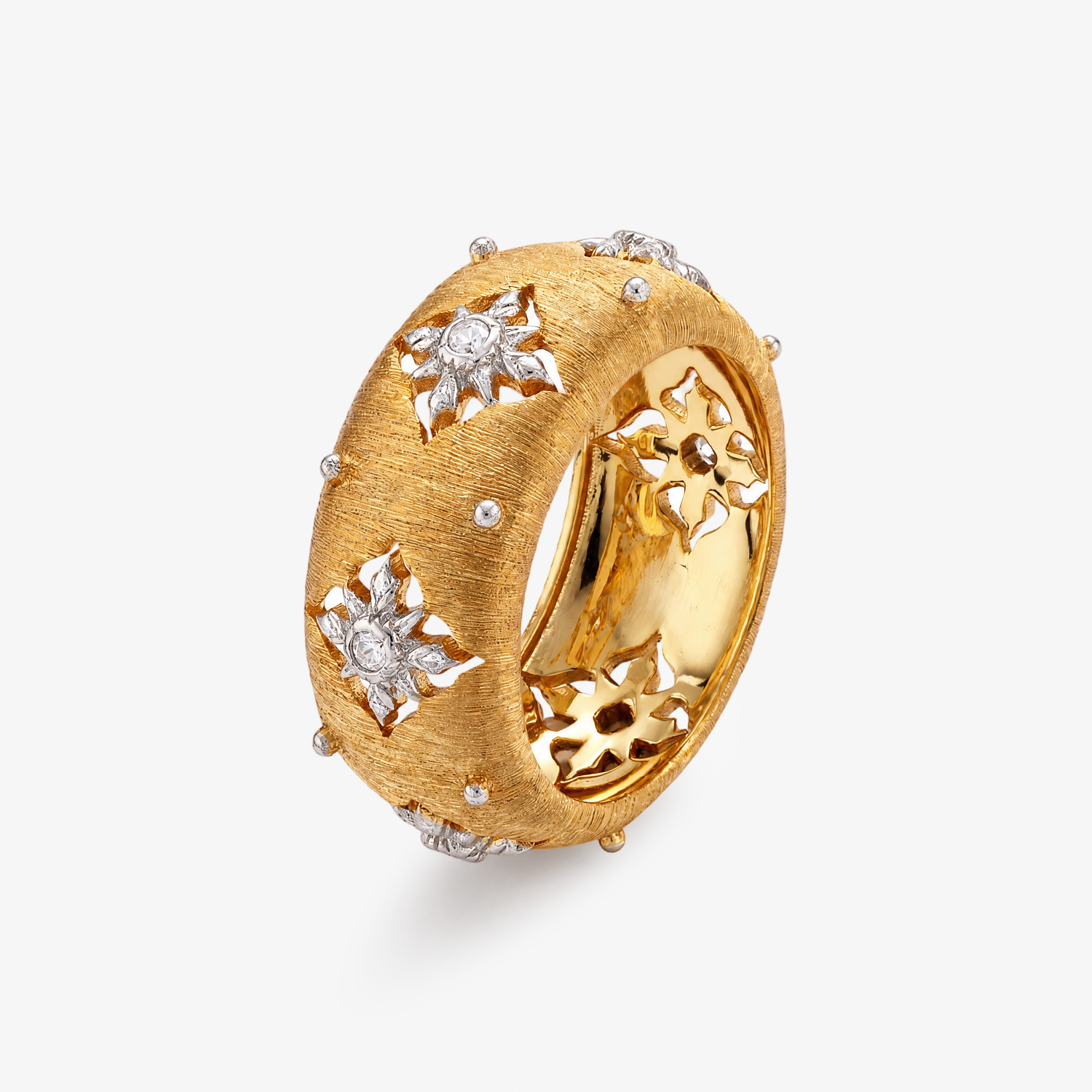 Two-Tone Florentine Wide Band Flower CZ Ring