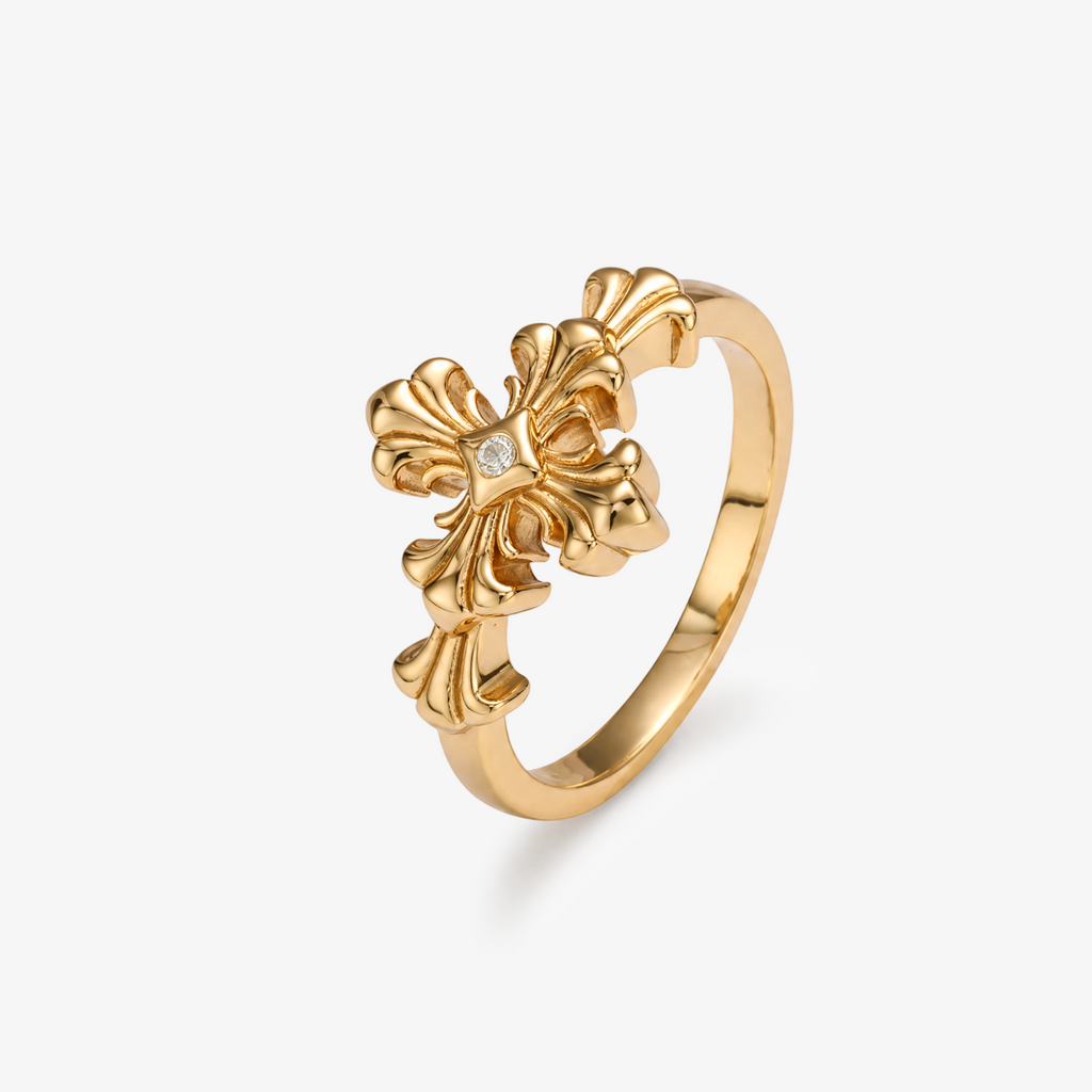 Baroque Fleur-de-Lis Cross CZ Ring